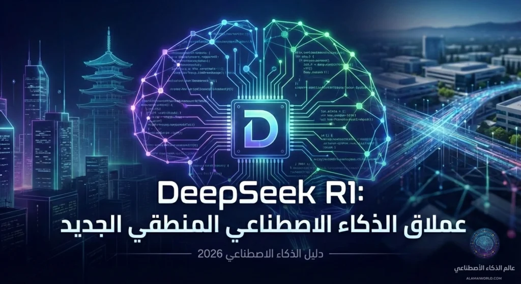 تصميم تقني يوضح نموذج DeepSeek R1 كعملاق للذكاء الاصطناعي المنطقي لعام 2026.