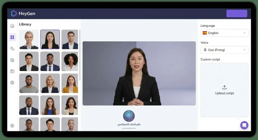 واجهة أداة HeyGen لإنشاء شخصيات افتراضية أفاتار تتحدث بلغات متعددة