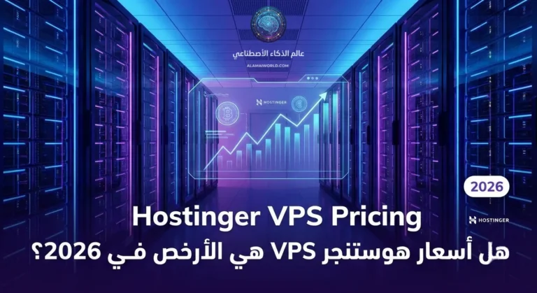 رسم بياني يقارن أسعار استضافة هوستنجر VPS لعام 2026 مع أيقونات خوادم KVM وشرح هل هي الأرخص لموقعك