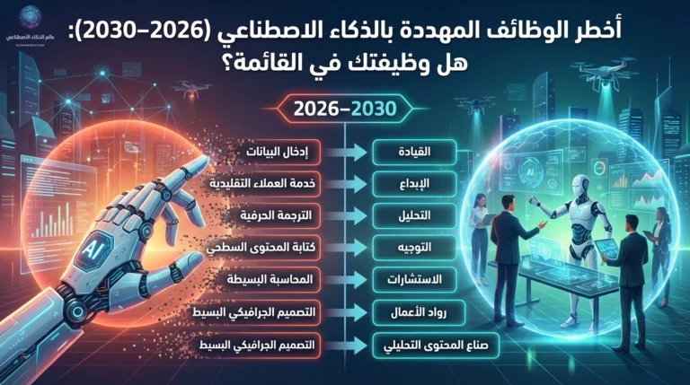 رسم توضيحي يظهر أخطر الوظائف المهددة بالذكاء الاصطناعي في سوق العمل لعام 2026 وتأثير الأتمتة على الموظفين.