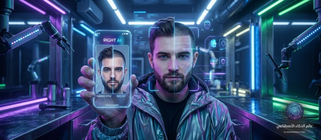 شاب يستخدم تطبيق Right AI لتجربة male قصة شعر باز كات (Buzz Cut) عبر الذكاء الاصطناعي 2026