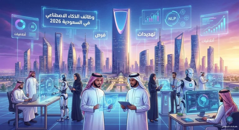 رسم توضيحي يظهر مسارًا مهنيًا في مجال وظائف الذكاء الاصطناعي في السعودية، مع رسم بياني يوضح تطور الرواتب وأيقونات تمثل المهارات التقنية المطلوبة مثل التعلم الآلي وعلم البيانات ضمن إطار يعكس رؤية 2030
