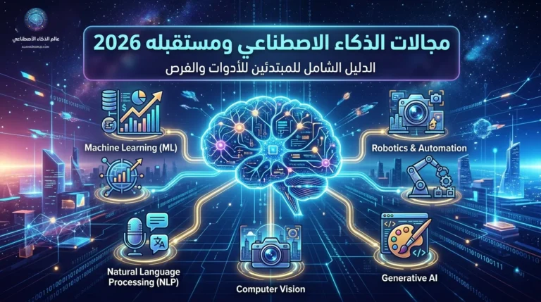 توضيحية تشرح أهم مجالات الذكاء الاصطناعي ومستقبله وكيفية تداخل التقنية مع العقل البشري في عام 2026