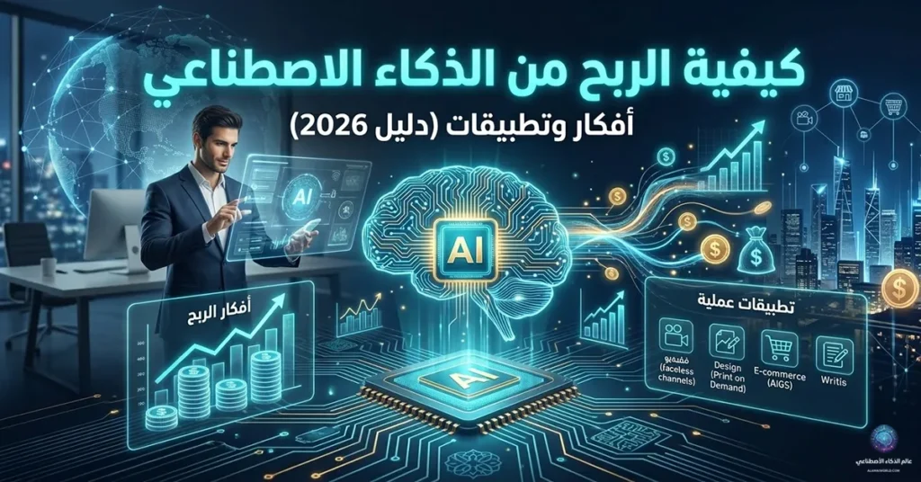 سم توضيحي يعبر عن استراتيجيات وطرق الربح من الذكاء الاصطناعي وتحقيق الدخل الرقمي عبر الإنترنت