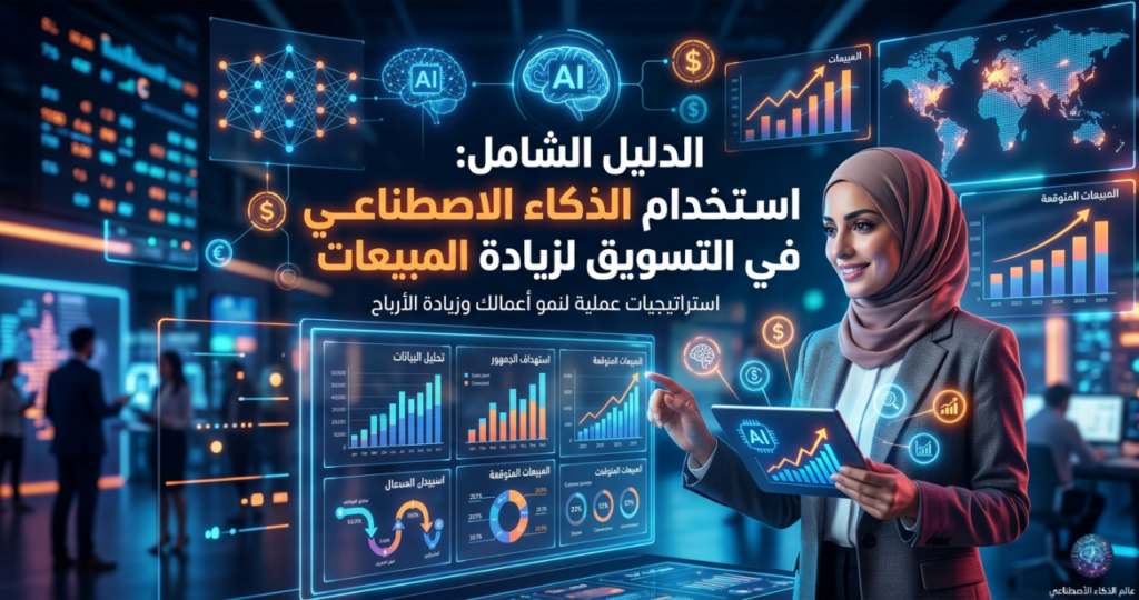 رسم توضيحي يوضح دور الذكاء الاصطناعي في التسويق لزيادة المبيعات وتحليل البيانات