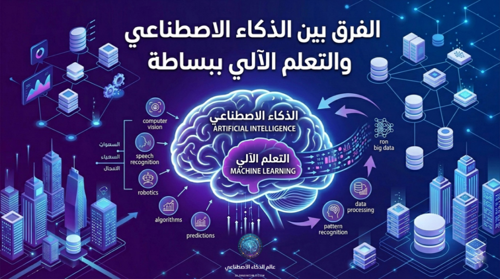 رسم توضيحي متقدم يشرح الفرق بين الذكاء الاصطناعي والتعلم الآلي وتداخل الخوارزميات