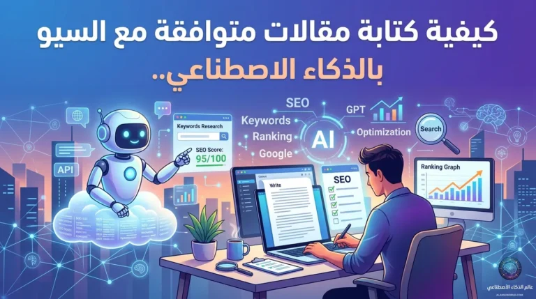 انفوجرافيك يوضح كيفية كتابة مقالات بالذكاء الاصطناعي والتصدر في نتائج البحث لعام 2026