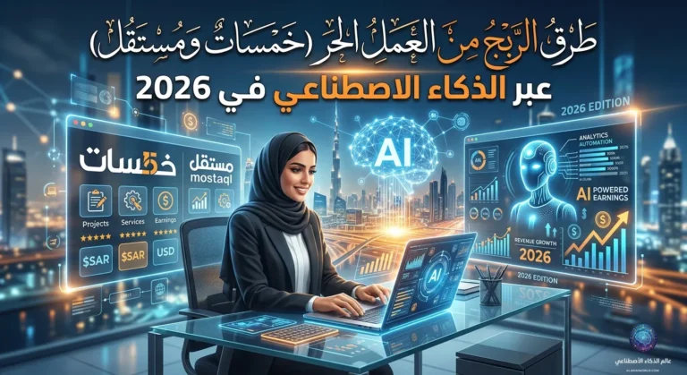 رسم توضيحي يبرز طرق الربح من العمل الحر بالذكاء الاصطناعي عبر منصات خمسات ومستقل لعام 2026
