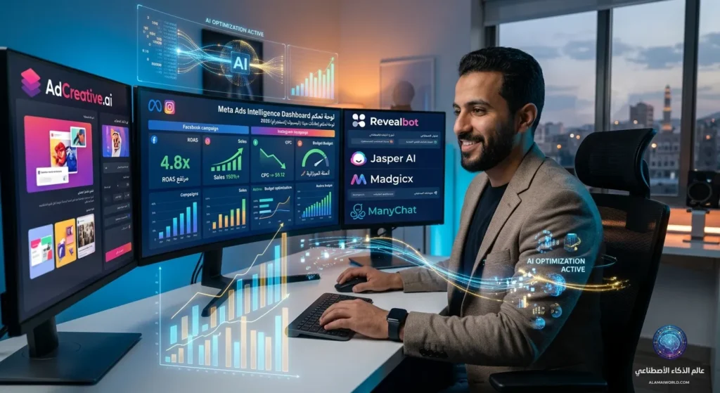 رسم توضيحي يعرض أفضل أدوات الذكاء الاصطناعي لإدارة الحملات الإعلانية لزيادة مبيعات فيسبوك وإنستجرام.