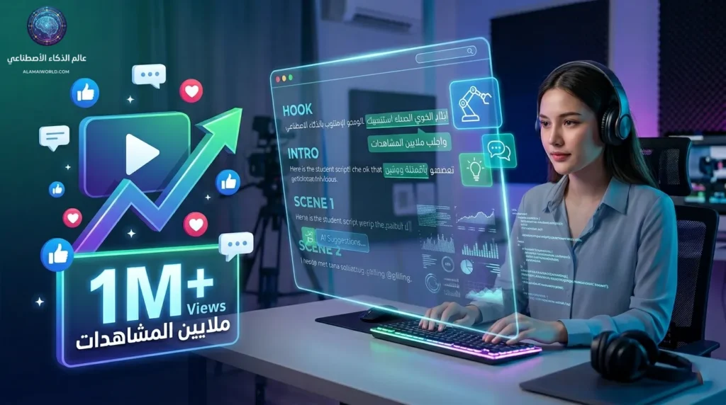 مسوقة رقمية تستخدم شاشة تفاعلية متطورة في كتابة سكريبت فيديو بالذكاء الاصطناعي، يظهر عليها هيكل النص (الخطاف والمقدمة) وأيقونات تفاعل منصات التواصل مع مؤشر صعود وعبارة ملايين المشاهدات.