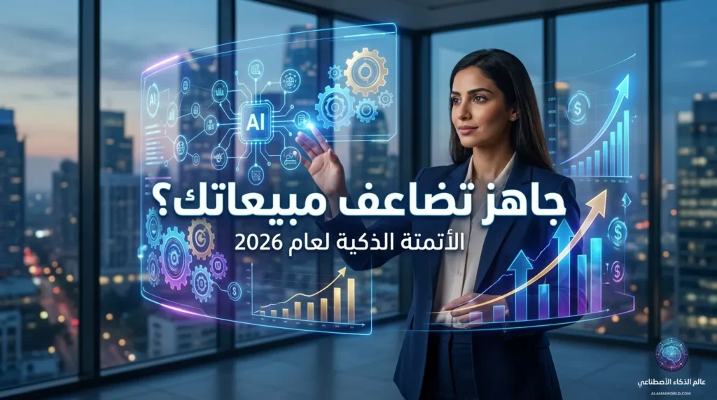 امرأة أعمال محترفة تتفاعل مع واجهة هولوغرافية متقدمة لعام 2026، تعرض أيقونات للذكاء الاصطناعي ورسومًا بيانية للنمو المالي، تمثل مجموعة من أدوات الذكاء الاصطناعي للمسوقين لمضاعفة المبيعات.