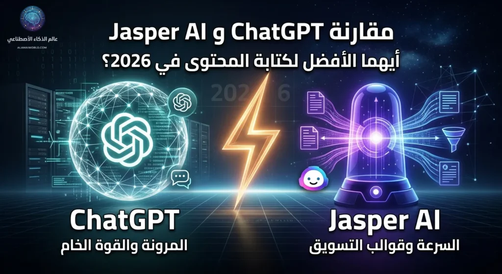 صورة توضيحية احترافية لمقال "مقارنة ChatGPT و Jasper AI: أيهما الأفضل لكتابة المحتوى في 2026؟" تظهر فيها مقارنة بصرية بين شعاري "ChatGPT" و "Jasper AI" على خلفية رقمية لغرفة سيرفرات. في المنتصف صاعقة ذهبية وعلامات استفهام، ويظهر النص العربي "أيهما الأفضل لكتابة المحتوى في 2026؟" مع تصنيف نقاط القوة: "المرونة والقوة الخام" لـ ChatGPT و"السرعة وقوالب التسويق" لـ Jasper AI. عام 2026 ظاهر في الخلفية.