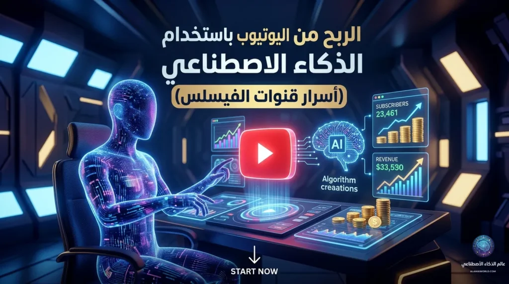 تصميم احترافي يظهر شخصية رقمية ذكية أمام لوحة تحكم تكنولوجية تحتوي على شعار يوتيوب ورسوم بيانية للأرباح، يشرح كيفية الربح من اليوتيوب باستخدام الذكاء الاصطناعي واستراتيجيات قنوات الفيسلس الناجحة.