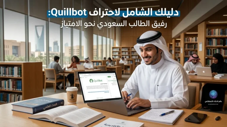 طالب سعودي يرتدي الزي التقليدي يجلس بابتسامة في مكتبة حديثة، يستخدم جهاز لابتوب تظهر عليه واجهة موقع quillbot للذكاء الاصطناعي، مع خلفية لمدينة سعودية عصرية تظهر من النافذة، وعليها نص مكتوب: دليلك الشامل لاحتراف quillbot: رفيق الطالب السعودي نحو الامتياز.