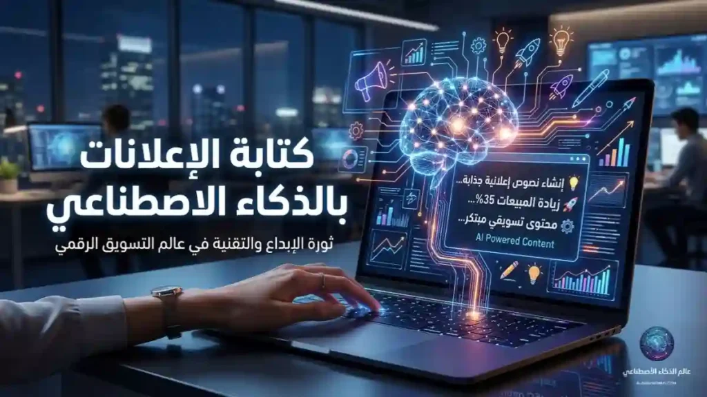 تصميم احترافي يوضح تقنيات كتابة الإعلانات بالذكاء الاصطناعي.