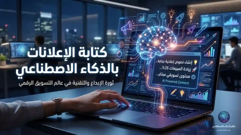 تصميم احترافي يوضح تقنيات كتابة الإعلانات بالذكاء الاصطناعي.