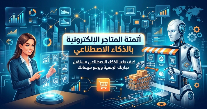 رسم توضيحي يجسد أتمتة المتاجر الإلكترونية بالذكاء الاصطناعي من خلال روبوت وامرأة يديران لوحة تحكم رقمية وعربة تسوق.