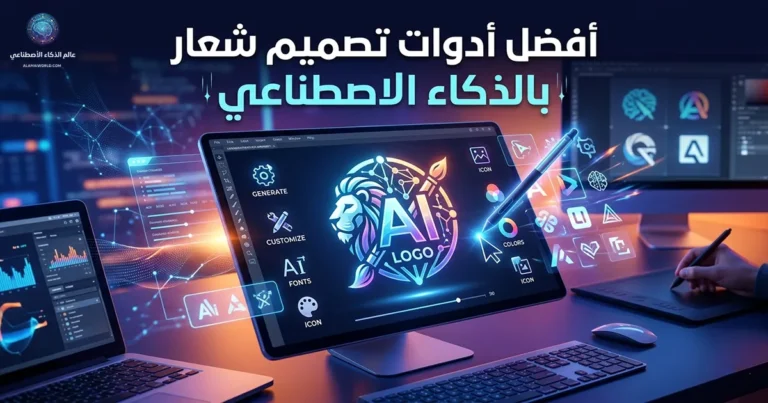 ​صورة لرأس مقال تظهر واجهة برمجية حديثة لتصميم الشعارات بالذكاء الاصطناعي مع أيقونات إبداعية وعنوان "أفضل أدوات تصميم شعار بالذكاء الاصطناعي".