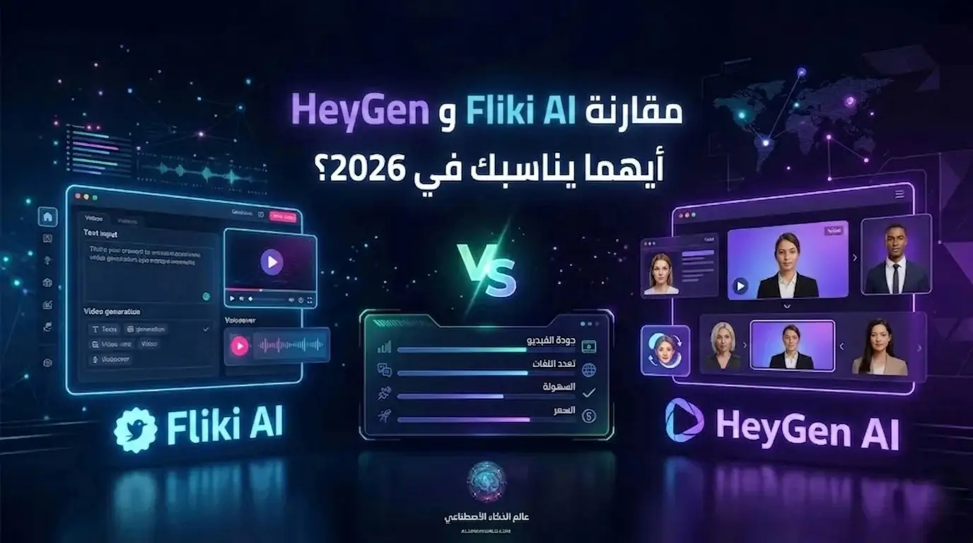رسم توضيحي تعرض مقارنة Fliki AI و HeyGen لإنشاء الفيديو بالذكاء الاصطناعي.