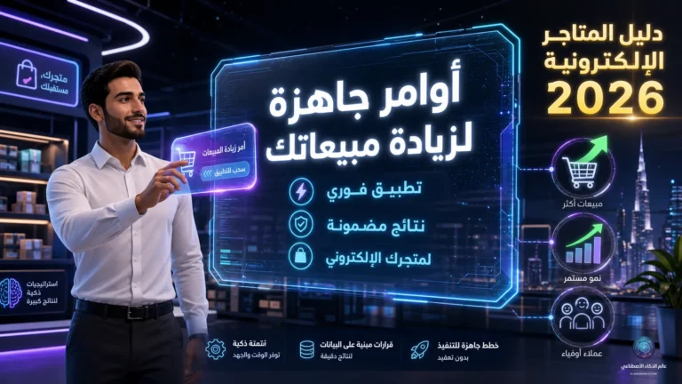 صورة مستقبلية لمتجر إلكتروني عام 2026 تعرض شاشة هولوغرام شفافة تحتوي على عبارة "أوامر جاهزة لزيادة مبيعاتك"، مع رجل أعمال عربي يتفاعل مع الواجهة الذكية وأيقونات تسويقية مضيئة تشير إلى النمو والتحويلات — توضيح عملي لاستراتيجية زيادة المبيعات باستخدام الذكاء الاصطناعي في التجارة الإلكترونية الحديثة.