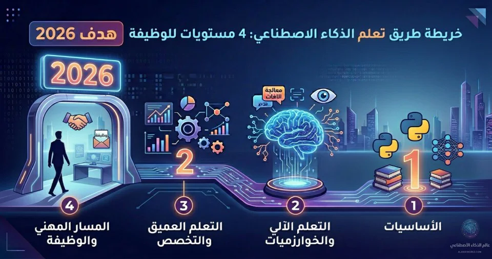 خارطة طريق تعلم الذكاء الاصطناعي 2026 تُوضح أربعة مستويات من الصفر حتى الوظيفة