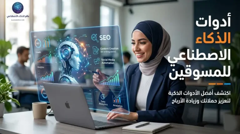 واجهة رقمية احترافية تستعرض أهم أدوات الذكاء الاصطناعي للمسوقين لتحليل البيانات وتطوير المحتوى