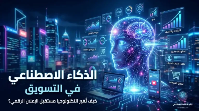 رسم توضيحي يمثل دور الذكاء الاصطناعي في التسويق الرقمي وتحليل البيانات.