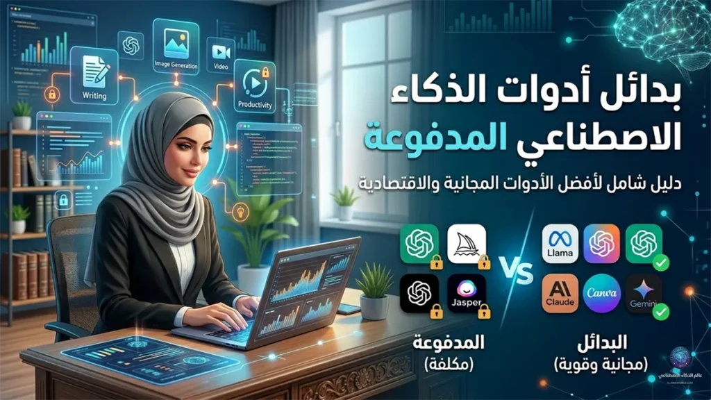 تصميم احترافي يستعرض بدائل أدوات الذكاء الاصطناعي المدفوعة والمجانية لمقال ووردبريس.