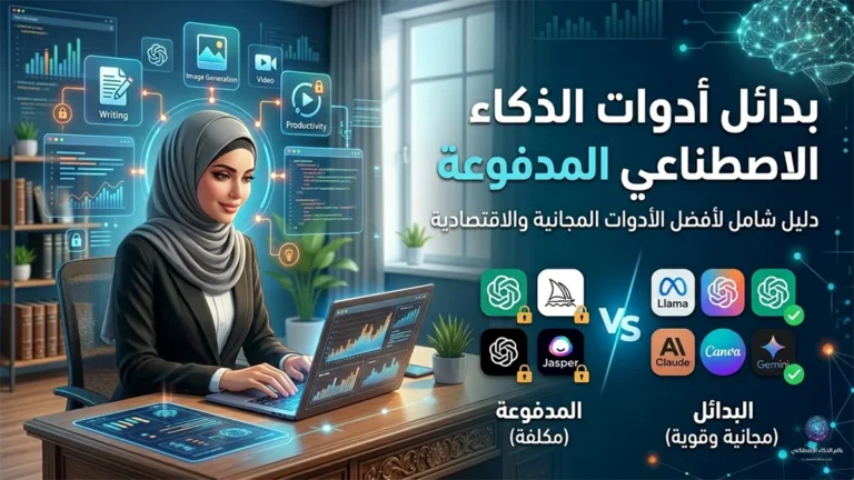 تصميم احترافي يستعرض بدائل أدوات الذكاء الاصطناعي المدفوعة والمجانية لمقال ووردبريس.