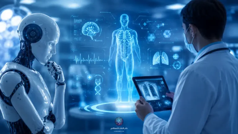 الذكاء الاصطناعي في الطب: طبيب وروبوت طبي يحللان البيانات والصور الطبية باستخدام تقنيات الذكاء الاصطناعي لتحسين التشخيص والرعاية الصحية.
