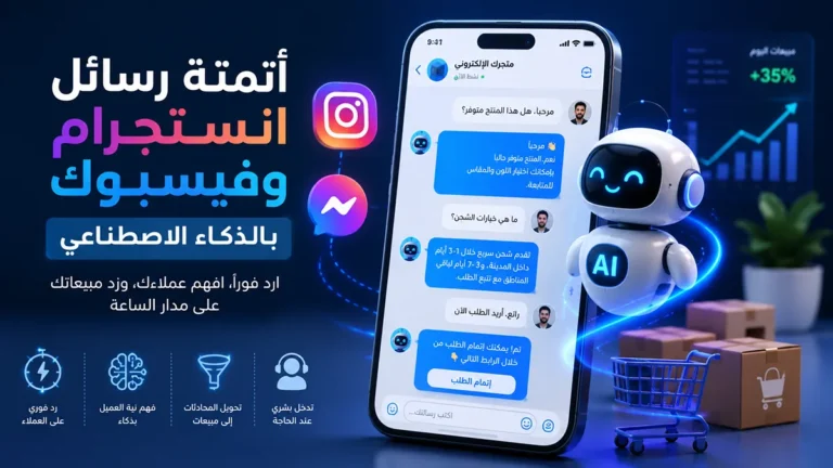 صورة توضح نظام أتمتة رسائل انستجرام بالذكاء الاصطناعي داخل متجر إلكتروني وكيفية تحويل المحادثات إلى مبيعات بشكل سريع وذكي لتحسين تجربة العملاء وزيادة التحويلات