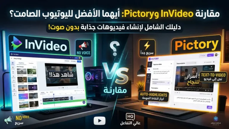 صورة مقارنة احترافية بنسبة 16:9 بين منصتي InVideo وPictory لإنشاء فيديوهات اليوتيوب الصامتة. تظهر الشاشة مقسمة إلى جانبين: الأيمن باللون البرتقالي لمنصة Pictory مع ميزات مثل "Text-to-Video"، والأيسر باللون الأزرق لمنصة InVideo يعرض واجهة تعديل الفيديو. يتوسط الصورة شعار "VS مقارنة" مع أيقونات تعبر عن الفيديوهات بدون صوت، وفي الأعلى يظهر عنوان المقال بوضوح: "مقارنة InVideo وPictory: أيهما الأفضل لليوتيوب الصامت؟ دليلك الشامل لإنشاء فيديوهات جذابة بدون صوت!".