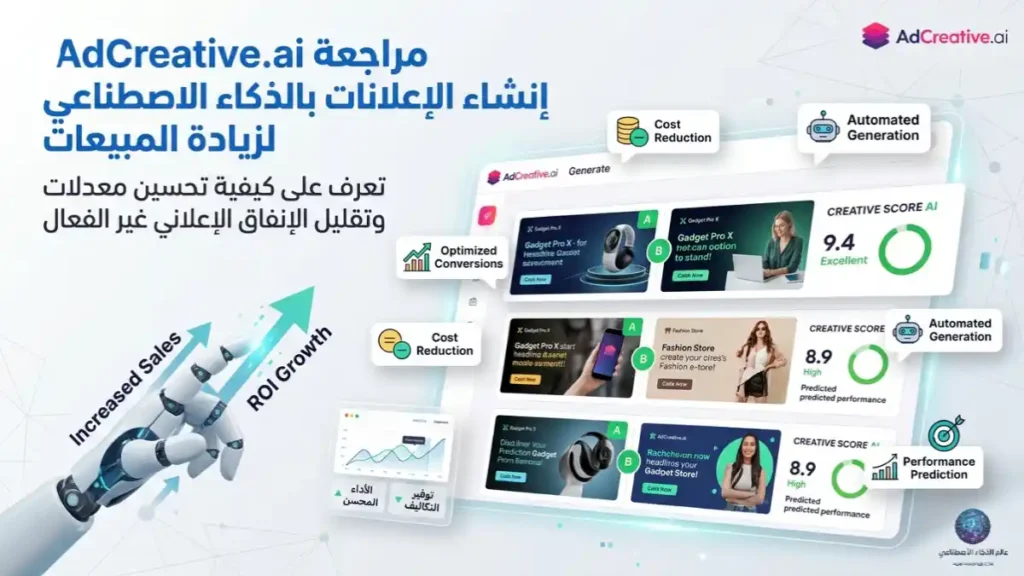 واجهة AdCreative.ai تعرض عدة تصاميم إعلانية مولدة بالذكاء الاصطناعي مع نظام Creative Scoring AI لتقييم الأداء المتوقع، توضح كيفية إنشاء الإعلانات بالذكاء الاصطناعي وتحسين معدلات التحويل وتقليل الإنفاق الإعلاني غير الفعال.