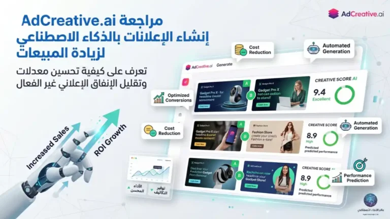 واجهة AdCreative.ai تعرض عدة تصاميم إعلانية مولدة بالذكاء الاصطناعي مع نظام Creative Scoring AI لتقييم الأداء المتوقع، توضح كيفية إنشاء الإعلانات بالذكاء الاصطناعي وتحسين معدلات التحويل وتقليل الإنفاق الإعلاني غير الفعال.
