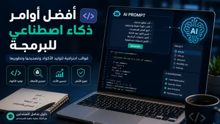 صورة توضيحية تعرض أفضل أوامر الذكاء الاصطناعي للبرمجة داخل بيئة تطوير حديثة، مع أمثلة على توليد الأكواد وتصحيح الأخطاء ومراجعة الكود وتحسين الأداء باستخدام أدوات الذكاء الاصطناعي.