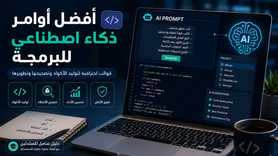 صورة توضيحية تعرض أفضل أوامر الذكاء الاصطناعي للبرمجة داخل بيئة تطوير حديثة، مع أمثلة على توليد الأكواد وتصحيح الأخطاء ومراجعة الكود وتحسين الأداء باستخدام أدوات الذكاء الاصطناعي.