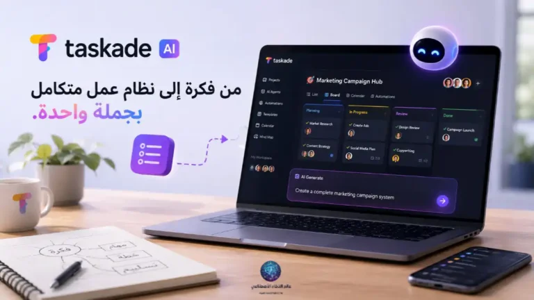 مراجعة Taskade AI: صورة توضيحية لمنصة Taskade AI تعرض بيئة عمل ذكية على لابتوب مع أدوات إدارة المشاريع، الأتمتة، ووكلاء الذكاء الاصطناعي داخل واجهة حديثة تساعد الفرق على بناء أنظمة عمل كاملة باستخدام الذكاء الاصطناعي.
