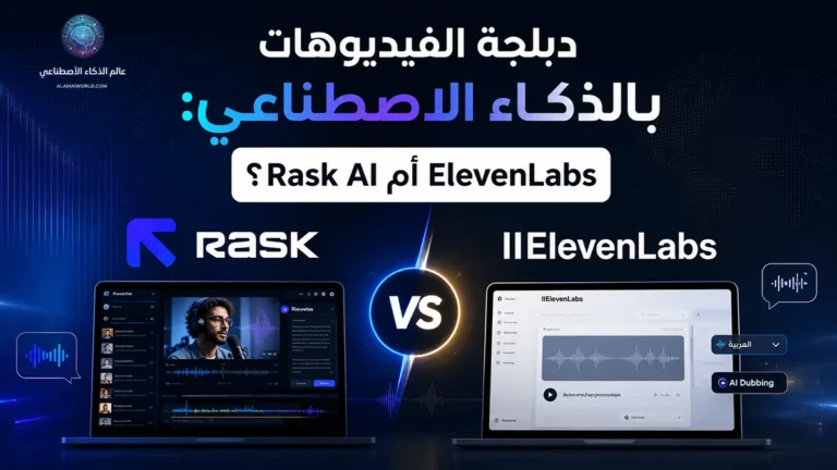 مقارنة بصرية بين واجهتي Rask AI وElevenLabs توضح دبلجة الفيديوهات بالذكاء الاصطناعي مع مؤشر مزامنة الشفاه بين النسختين