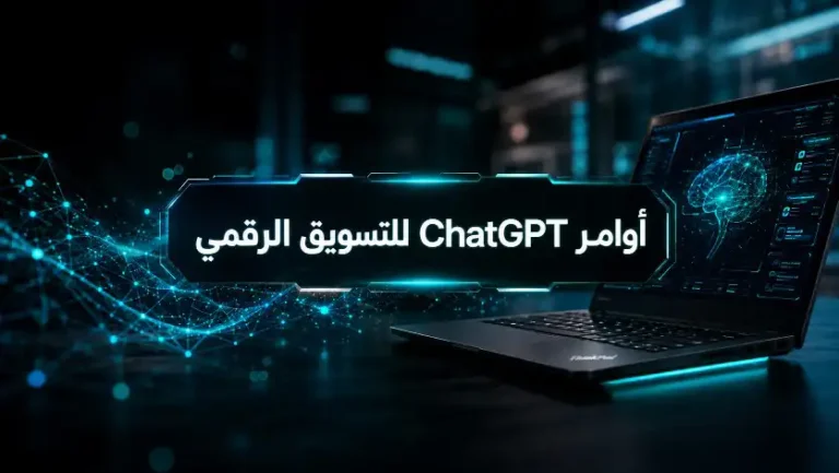 صورة احترافية بتصميم تقني حديث تعرض مساحة عمل مستقبلية بإضاءة نيون زرقاء مع حاسوب محمول وشبكات رقمية، يتوسطها عنوان أوامر ChatGPT للتسويق الرقمي، وتستخدم كصورة رأس لمقال يشرح أفضل الأوامر لتحسين استراتيجيات التسويق وصناعة المحتوى بالذكاء الاصطناعي.