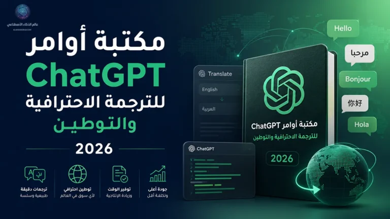 واجهة مكتبة أوامر ChatGPT للترجمة الاحترافية وتوطين النصوص مع زر نسخ فورية للأوامر.