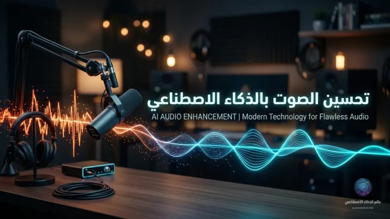 صورة احترافية لراس المقال عن تحسين الصوت بالذكاء الاصطناعي، يظهر فيه ميكروفون استوديو أنيق على مكتب، وموجات صوتية مضيئة تتحول من مشوشة باللون البرتقالي يساراً إلى صافية ومنسابة باللون الأزرق النيون يميناً، مع خلفية مظلمة ودافئة لاستوديو تسجيل منزلي ونص بالمنتصف: تحسين الصوت بالذكاء الاصطناعي.