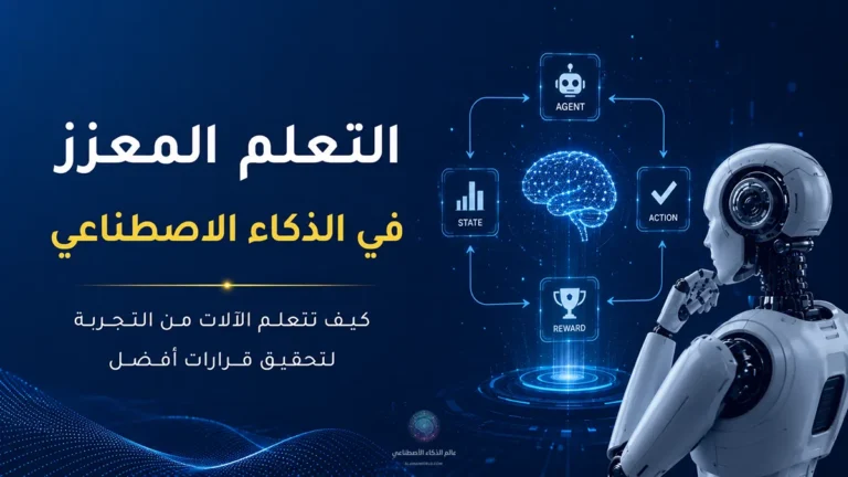 رسم توضيحي يشرح آلية التعلم المعزز في الذكاء الاصطناعي، حيث يتفاعل الوكيل الذكي (Agent) مع البيئة عبر دورة القرار والمكافأة لتحسين سياسته تدريجياً.