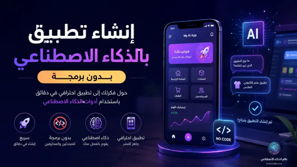 إنشاء تطبيق بالذكاء الاصطناعي بدون برمجة باستخدام أدوات No-Code، مع واجهة تطبيق حديثة وهاتف ذكي وتقنيات ذكاء اصطناعي توضح كيفية تطوير تطبيق احترافي بسهولة وسرعة.