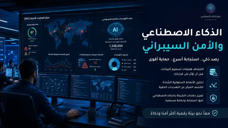 شاشة مركز عمليات أمنية SOC تعرض لوحة تحكم ديناميكية توضح دور الذكاء الاصطناعي والأمن السيبراني في رصد هجمات تسميم البيانات وتحليل الأنماط السلوكية الشاذة للشبكة.