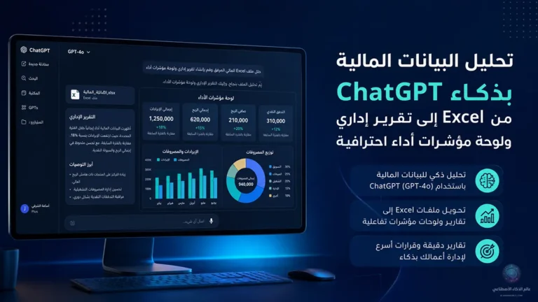 شاشة حاسوب تعرض واجهة GPT-4o أثناء تنفيذ أوامر ChatGPT لتحليل البيانات المالية وتحويل ملفات Excel إلى تقارير إدارية ولوحات مؤشرات أداء.