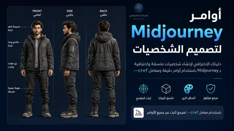 ورقة شخصية أم متعددة الزوايا (Front, Side, Back) مُولّدة بأحد أوامر Midjourney لتصميم الشخصيات، تُظهر ثبات ملامح الوجه والزي كمرجع لمعامل --cref عبر كل الأوامر الفرعية اللاحقة.