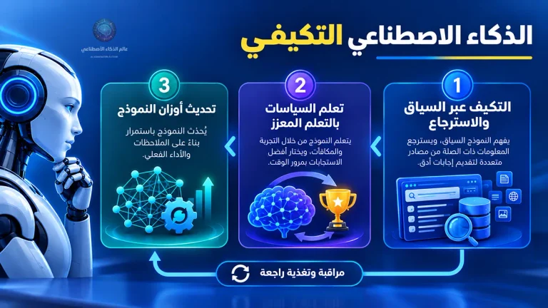 رسم توضيحي الذكاء الاصطناعي التكيفي يعرض مستوياته الثلاثة: التكيف عبر السياق والاسترجاع، وتعلم السياسات بالتعلم المعزز، وتحديث أوزان النموذج ضمن حلقة مراقبة وتغذية راجعة