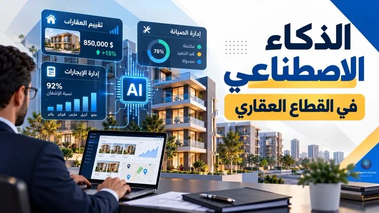 لوحة تحكم رقمية تُظهر كيف يحلل الذكاء الاصطناعي في القطاع العقاري بيانات تقييم العقارات وإدارة الصيانة والإيجارات داخل مبنى سكني حديث