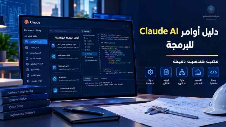 شاشة برمجة تعرض واجهة تطبيق مكتبة أوامر Claude AI للبرمجة الهندسية مع كود مطور ومقسم حسب الإطار المعياري الستّي.