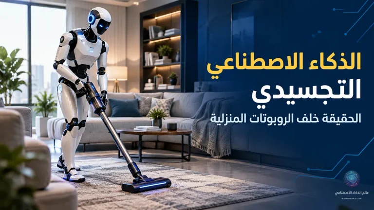 روبوت إنساني يجسّد الذكاء الاصطناعي التجسيدي أثناء تنفيذ مهمة منزلية داخل صالة معيشة حديثة